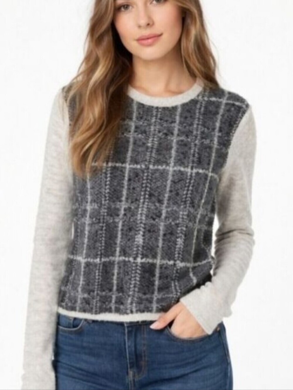 LOFT Plaid Gray Color Block Mohair Blend Crewneck Pullover Sweater Size Medium